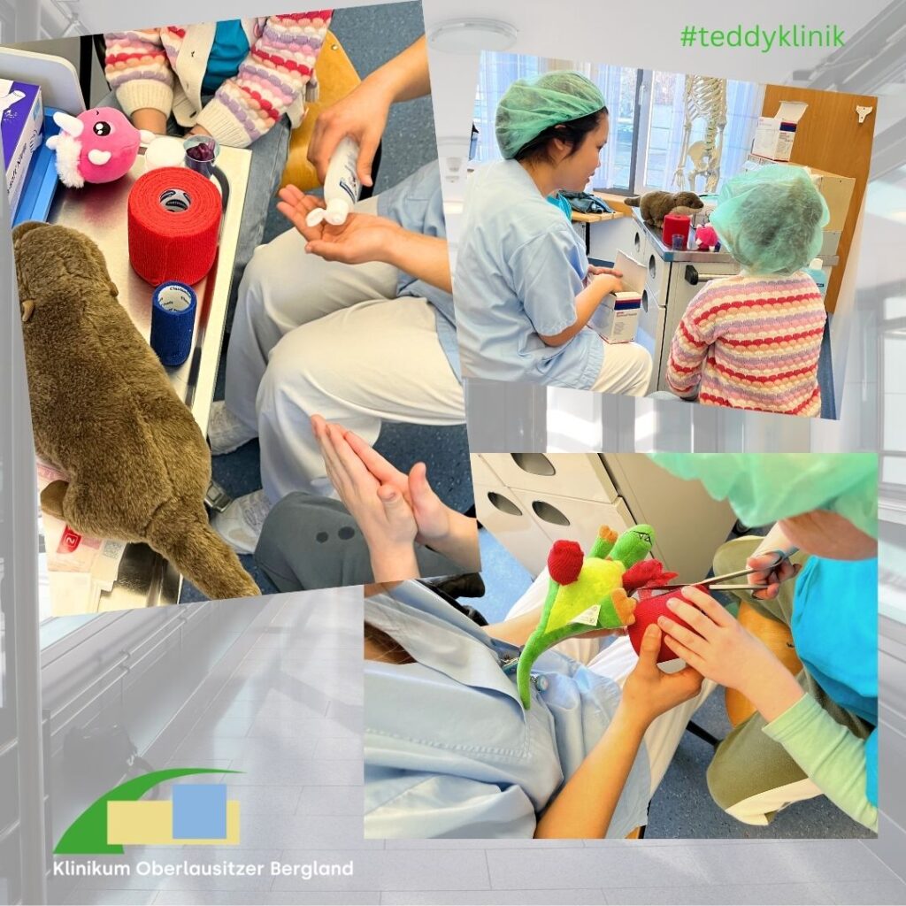 Kinder bekommen erklärt, wie ein Verband angelegt wird und probierten dies an ihren Kuscheltieren aus