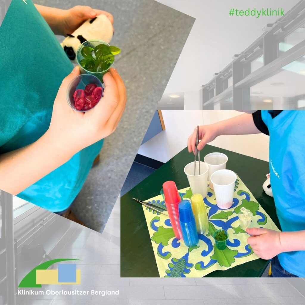 Mit Pinzetten durften Gummitierchen in farbig passende kleine Becher sortiert werden