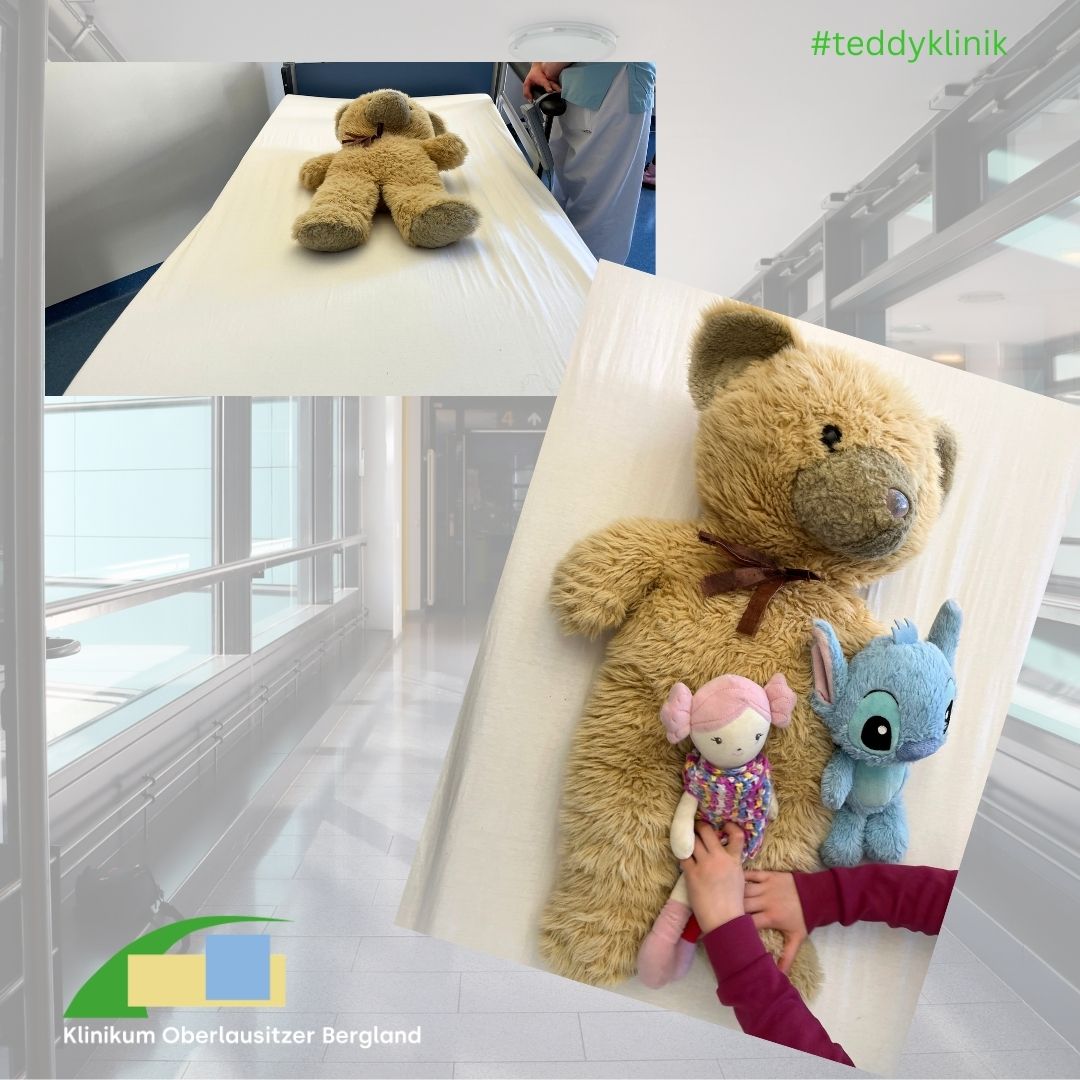 drei Kuscheltiere liegen auf einem Krankbett