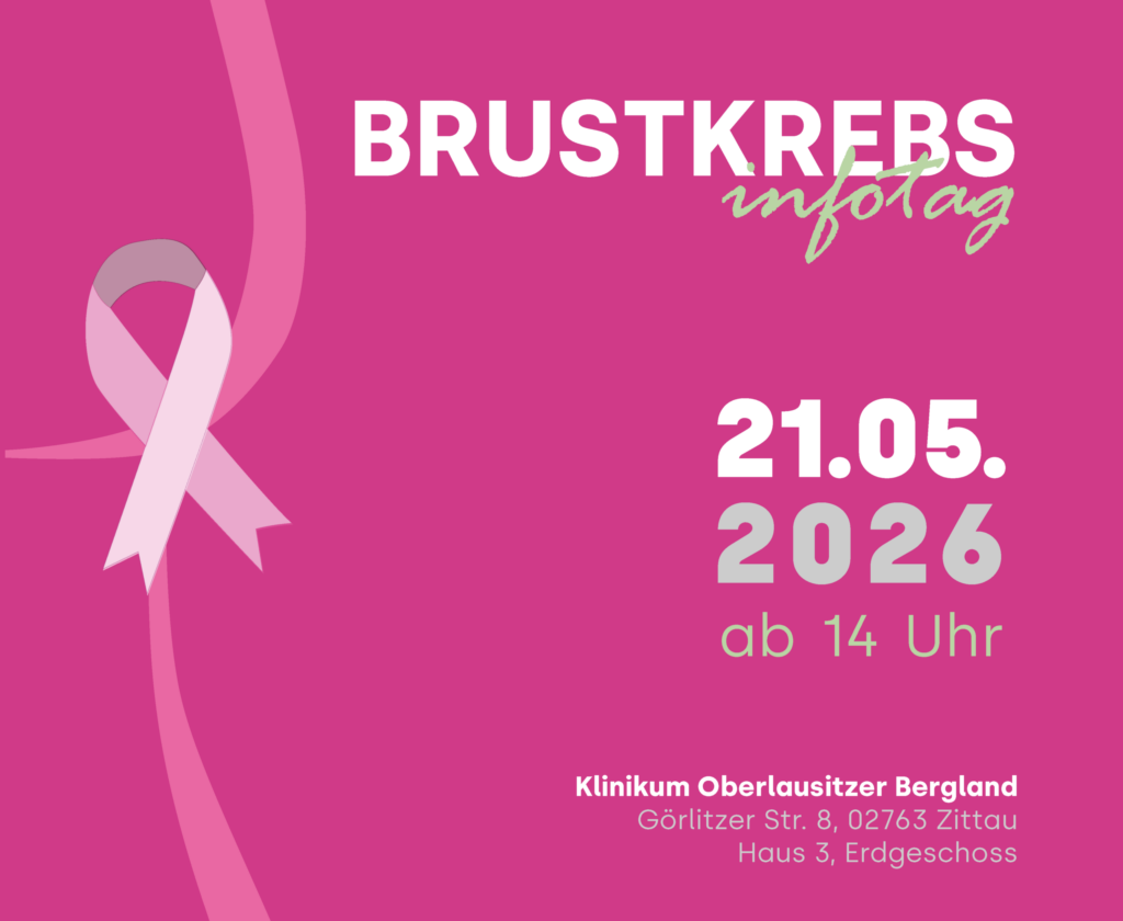 eine weibliche Silhouette ziert eine Schleife, umrahmt von einem pinkfarbenen Hintergrund. Werbung für den Brustkrebs-Infotag am 21.5.26 im Klinikum Zittau