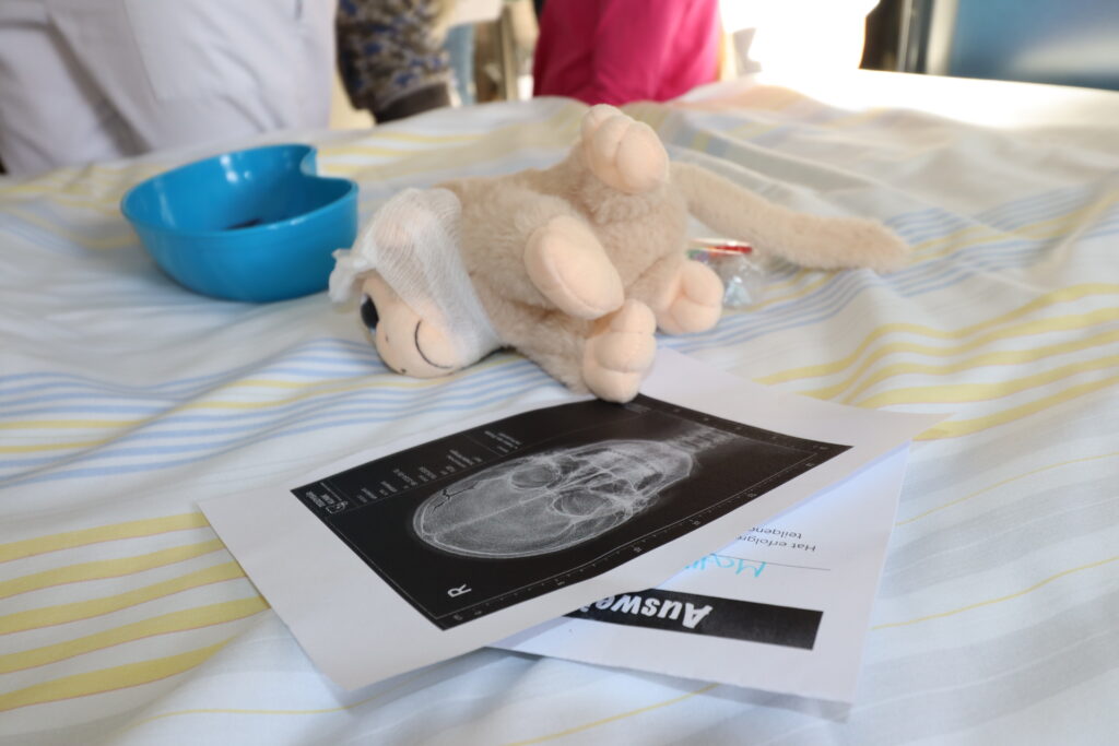 Ein verarztetes Kuscheltier liegt auf dem Krankenbett, daneben liegt das Röntgenbild dazu